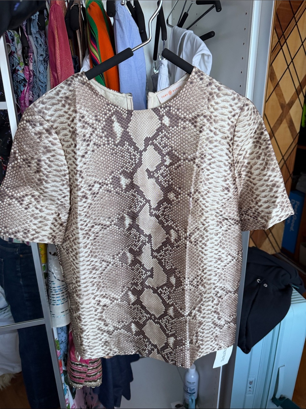 Tory Burch Beige and Brown Snake Print Short Sleeve Top